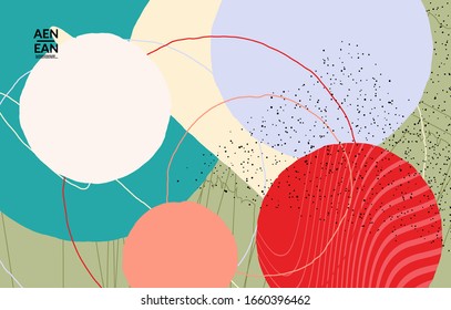 Abstract vector cover design with wavy motley shapes in natural colors. Hand textured with stripes and scribbles. Modern contemporary art. Poster or print template for sale promotion event.
