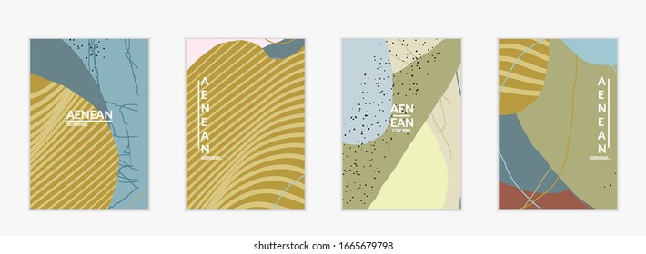Abstract vector cover design with wavy motley shapes in natural colors. Hand textured with stripes and scribbles. Modern contemporary art. Poster or print template for sale promotion event.
