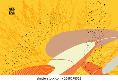 Abstract vector cover design with wavy motley shapes in natural colors. Hand textured with stripes and scribbles. Modern contemporary art. Poster or print template for sale promotion event.