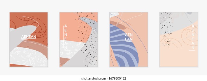 Abstract vector cover design with wavy motley shapes in natural colors. Hand textured with stripes and scribbles. Modern contemporary art. Poster or print template for sale promotion event.