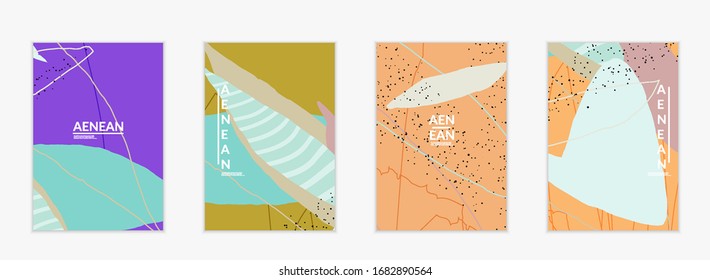 Abstract vector cover design with wavy motley shapes in natural colors. Hand textured with stripes and scribbles. Modern contemporary art. Poster or print template for sale promotion event.