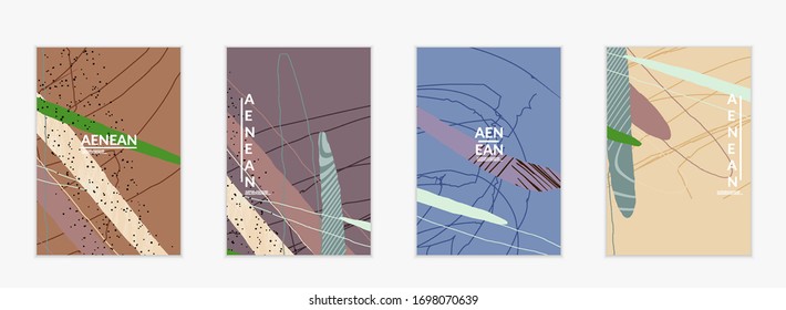 Abstract vector cover design with wavy motley shapes in natural colors. Hand textured with stripes and scribbles. Modern contemporary art. Poster or print template for sale promotion event.