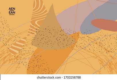 Abstract vector cover design with wavy motley shapes in natural colors. Hand textured with stripes and scribbles. Modern contemporary art. Poster or print template for sale promotion event.