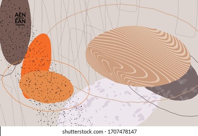 Abstract vector cover design with wavy motley shapes in natural colors. Hand textured with stripes and scribbles. Modern contemporary art. Poster or print template for sale promotion event.