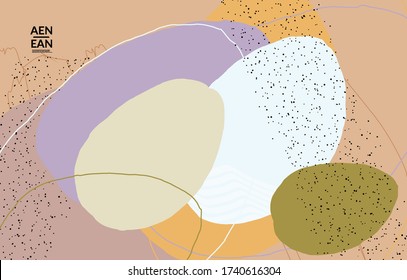 Abstract vector cover design with wavy motley shapes in natural colors. Hand textured with stripes and scribbles. Modern contemporary art. Poster or print template for sale promotion event.
