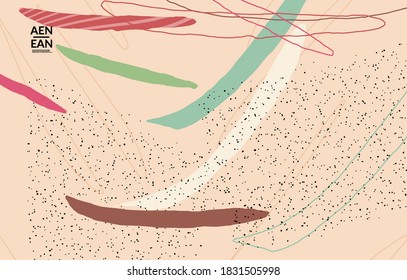 Abstract vector cover design with wavy motley shapes in natural colors. Hand textured with stripes and scribbles. Modern contemporary art. Poster or print template for sale promotion event.