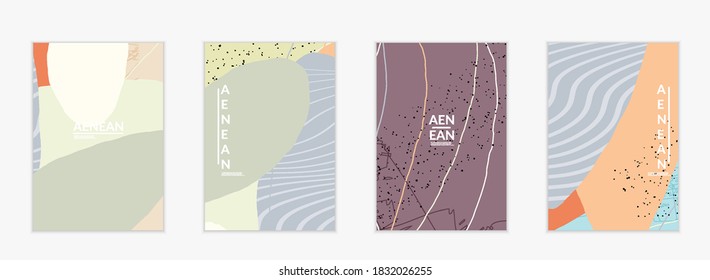 Abstract vector cover design with wavy motley shapes in natural colors. Hand textured with stripes and scribbles. Modern contemporary art. Poster or print template for sale promotion event.