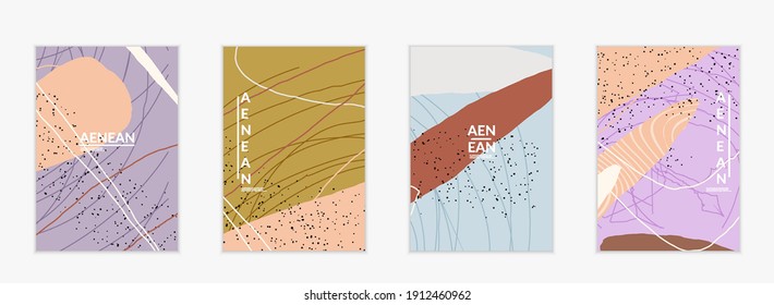 Abstract vector cover design with wavy motley shapes in natural colors. Hand textured with stripes and scribbles. Modern contemporary art. Poster or print template for sale promotion event.