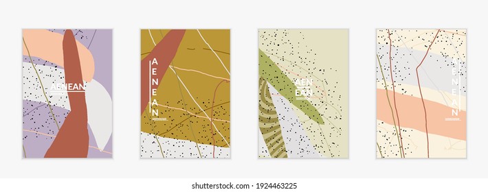 Abstract vector cover design with wavy motley shapes in natural colors. Hand textured with stripes and scribbles. Modern contemporary art. Poster or print template for sale promotion event.