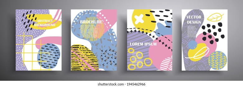 Diseño abstracto de portada vectorial con formas onduladas en colores delicados. La cubierta está texturada con rayas, puntos y garabatos. Afiche de arte moderno o plantilla imprimible para un evento promocional.