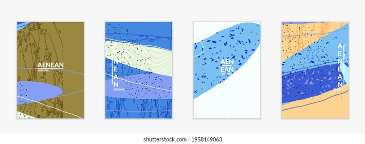 Abstract vector cover design with wavy motley shapes in natural colors. Hand textured with stripes and scribbles. Modern contemporary art. Poster or print template for sale promotion event.