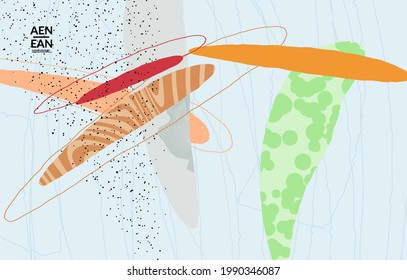 Abstract vector cover design with wavy motley shapes in natural colors. Hand textured with stripes and scribbles. Modern contemporary art. Poster or print template for sale promotion event.