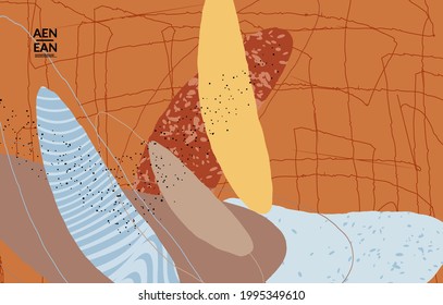 Abstract vector cover design with wavy motley shapes in natural colors. Hand textured with stripes and scribbles. Modern contemporary art. Poster or print template for sale promotion event.