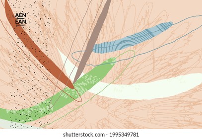 Abstract vector cover design with wavy motley shapes in natural colors. Hand textured with stripes and scribbles. Modern contemporary art. Poster or print template for sale promotion event.