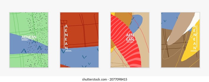 Abstract vector cover design with wavy motley shapes in natural colors. Hand textured with stripes and scribbles. Modern contemporary art. Poster or print template for sale promotion event.