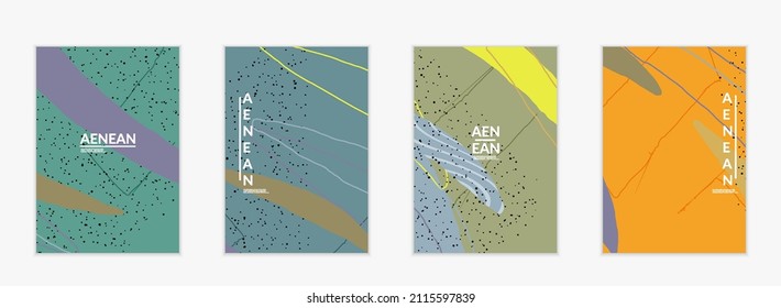 Abstract vector cover design with wavy motley shapes in natural colors. Hand textured with stripes and scribbles. Modern contemporary art. Poster or print template for sale promotion event.