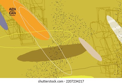 Abstract vector cover design with wavy motley shapes in natural colors. Hand textured with stripes and scribbles. Modern contemporary art. Poster or print template for sale promotion event.