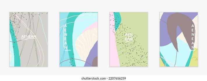 Abstract vector cover design with wavy motley shapes in natural colors. Hand textured with stripes and scribbles. Modern contemporary art. Poster or print template for sale promotion event.