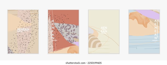 Abstract vector cover design with wavy motley shapes in natural colors. Hand textured with stripes and scribbles. Modern contemporary art. Poster or print template for sale promotion event.