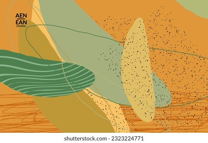 Abstract vector cover design with wavy motley shapes in natural colors. Hand textured with stripes and scribbles. Modern contemporary art. Poster or print template for sale promotion event.