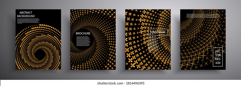 Resumen de la ilustración de portada vectorial con elementos gráficos. Patrón geométrico de color sobre un fondo negro. Diseño geométrico futuro. Colección de plantillas para folletos, carteles, volantes y tarjetas