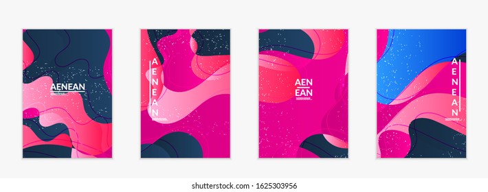 Abstract vector cover template with bright gradient wavy organic overlapping shapes grunge textured. Fluid wavy lines art. Disco music 80’s poster design. Social media frame or border.