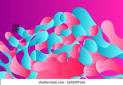 Abstract vector cover template with bright gradient wavy organic overlapping shapes grunge textured. Fluid wavy lines art. Disco music 80’s poster design. Social media frame or border.