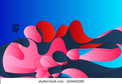 Abstract vector cover template with bright gradient wavy organic overlapping shapes grunge textured. Fluid wavy lines art. Disco music 80’s poster design. Social media frame or border.