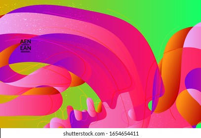 Abstract vector cover template with bright gradient wavy organic overlapping shapes grunge textured. Fluid wavy lines art. Disco music 80’s poster design. Social media frame or border.