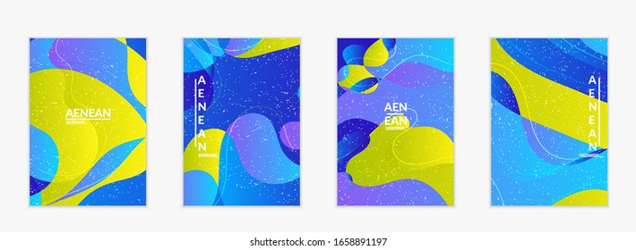 Abstract vector cover template with bright gradient wavy organic overlapping shapes grunge textured. Fluid wavy lines art. Disco music 80’s poster design. Social media frame or border.