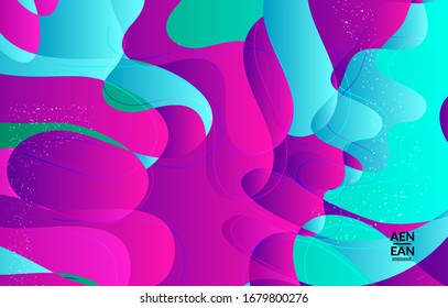 Abstract vector cover template with bright gradient wavy organic overlapping shapes grunge textured. Fluid wavy lines art. Disco music 80’s poster design. Social media frame or border.