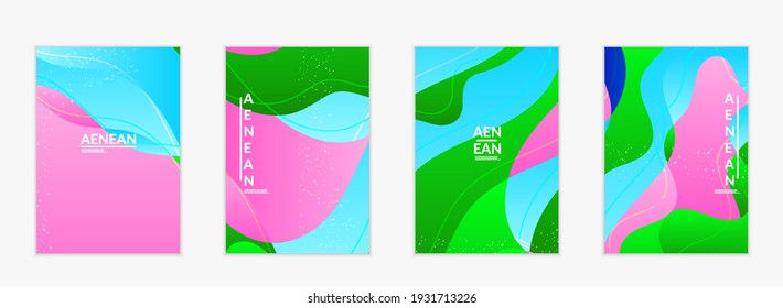 Abstract vector cover template with bright gradient wavy organic overlapping shapes grunge textured. Fluid wavy lines art. Disco music 80’s poster design. Social media frame or border.