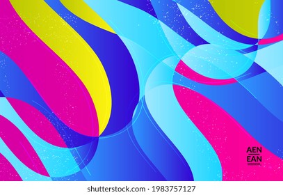 Abstract vector cover template with bright gradient wavy organic overlapping shapes grunge textured. Fluid wavy lines art. Disco music 80’s poster design. Social media frame or border.