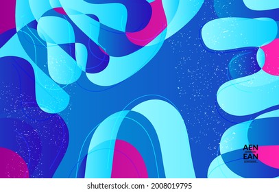 Abstract vector cover template with bright gradient wavy organic overlapping shapes grunge textured. Fluid wavy lines art. Disco music 80’s poster design. Social media frame or border.