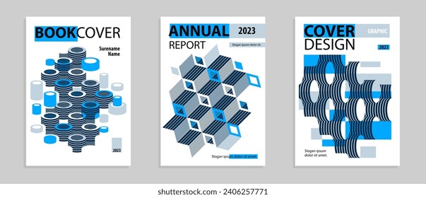 Abstract vector covers and posters with 3D isometric cubes blocks, geometric construction with blocks shapes and forms, print advertisement, magazine or book.