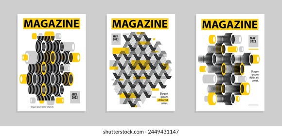 Abstract vector covers and posters with 3D isometric cubes blocks, geometric construction with blocks shapes and forms, print advertisement, magazine or book.