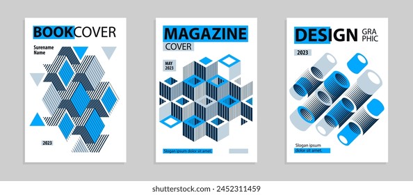 Abstract vector covers and posters with 3D isometric cubes blocks, geometric construction with blocks shapes and forms, print advertisement, magazine or book.