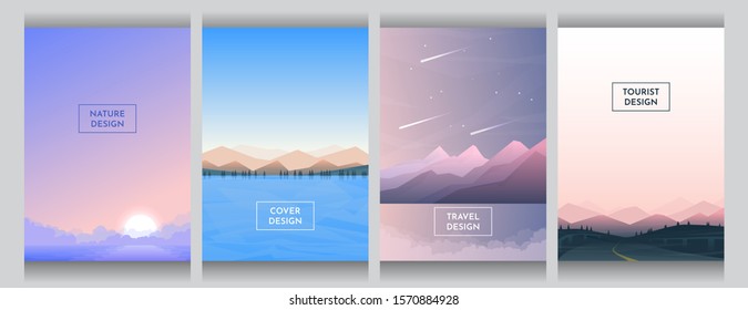 Abstract Vector Covers Set. A4 Template. Gradient Color Backdrop. Futuristic Flat Style. Backgrounds Set. UI Design. Sunset With Fog, Mountains And Forest Near Water, Evening Scene, Countryside Road.