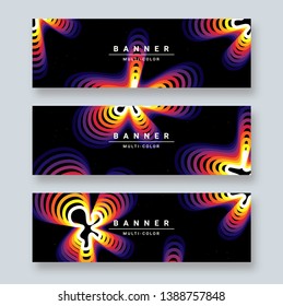 Abstract vector covers set. Liquid gradient line shapes. Futuristic poster. Contrast colors on black background. Template for horizontal banners, header templates, presentations and web banners. Eps 8