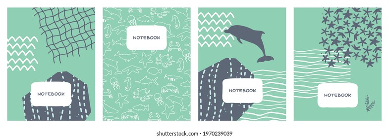 Abstract vector covers set with sea ocean motives and animals. Geometric flat background design illustration for notebooks, planners, brochures, books, catalogs