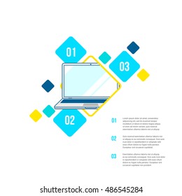 Abstract vector creative infographics design. Background with laptop, lines, squares. Laptop mock up. Web design element. Netbook. Hand draw flat thin line art style design. Brochure, flyer, leaflet.