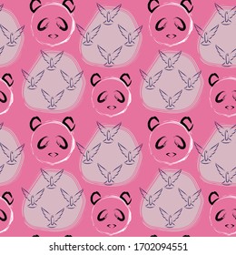 Abstract vector creative seamless pattern with brush strokes. Colorful background with panda and bird for printing brochure, poster, card, print, textile,magazines, sport wear. Modern trendy design.