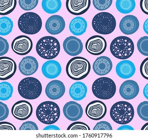 Abstract vector creative seamless pattern with various circles. Geometry background in trendy bright blue, pastel pink colors. Perfect for card, print, textile,  wallpaper. Modern minimalistic design.