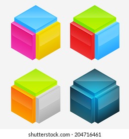 Abstract vector cube shape made of orthographic blocks, shading and color layers are separate, easy to edit