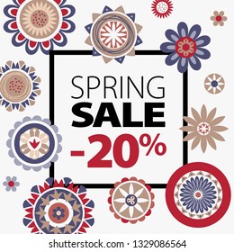 Abstract vector cute illustration. Spring sale vector template with lettering. Colored folk flowers. Black ink text. 20 percent off.