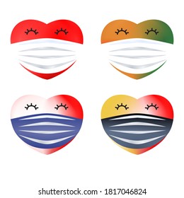 Abstract vector cute mini heart in cartoon character wearing surgical  Face mask For protect virus and flu and PM2.5 drawing on white