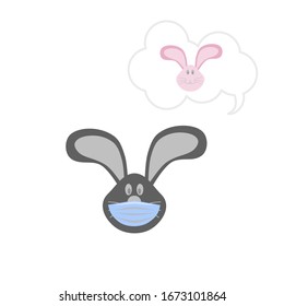 Abstract Vector Cute Rabbit Wearing Blue Ear Loop Mask And Missing Other Cute Pink Rabbit On White Background