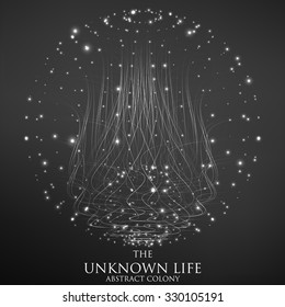 Abstract vector cyber flower. Sphere of bioluminescent tentacles with glowing tips. Futuristic space organism or plant.  Colony of unknown organisms. Elegant background for your designs. Eps10