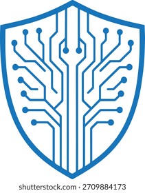 Escudo de cibersegurança vetorial abstrato com design de linha de circuito simétrico futurista