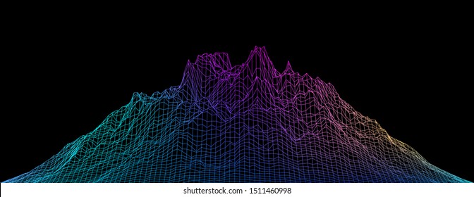 Abstract vector cyberspace background. Mountain landscape grid illustration. 3d technology wireframe vector. Digital mesh for banners